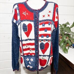 Vintage Heirloom Collectibles Patriotic Patchwork Knit Cardigan Sweater | Large